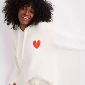 aerie White Fuzzy Sherpa Hoodie with Heart Detail